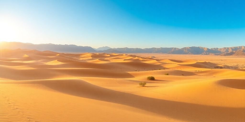 Golden sand dunes of Agafay Desert under a blue sky.