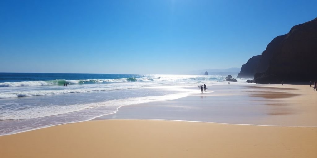 Beach in Agadir with surfers and clear blue skies.