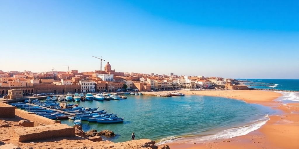 Coastal view of Essaouira with boats and beaches.