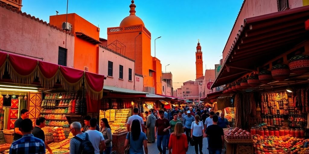 Colorful Marrakech market with traditional Moroccan architecture.