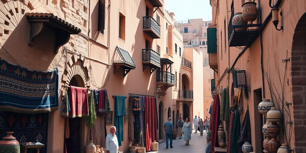 Narrow alleyway in Fès with colorful Moroccan architecture.